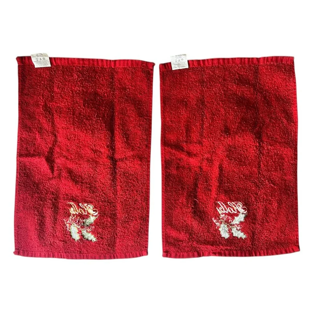 Set Of 2 Red Christmas Hand Towels With Embroidered Holly Leaves & Berries 15.5”